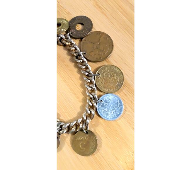 Vintage Foreign Coin Charm Bracelet Early 1900s to 1960s European Latin Oriental - Picture 9 of 12